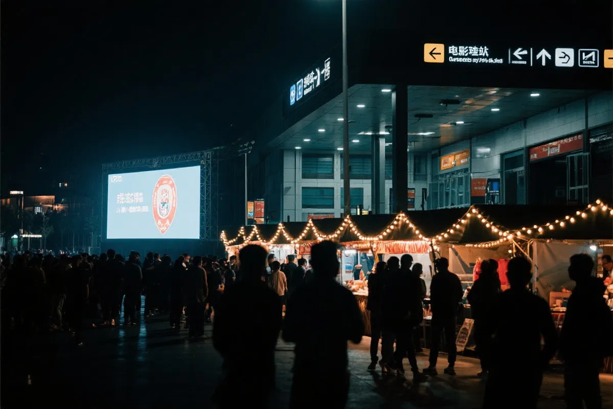 费城球迷广场夜景：大屏观赛人群、步行指示牌与公共交通入口